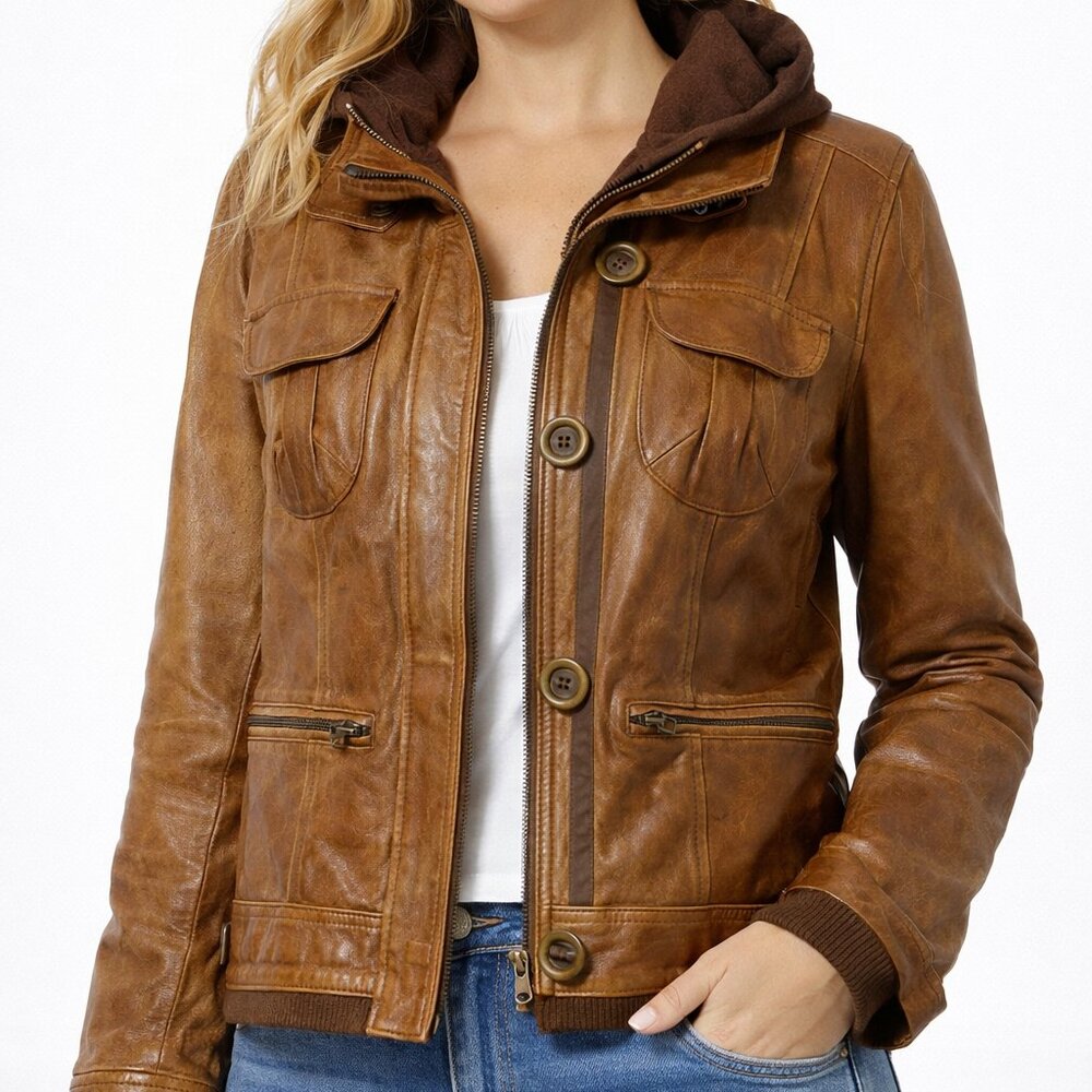 Genuine Leather Utility Jacket • Izzo Collection • Brown • Size Small •‎ Hooded